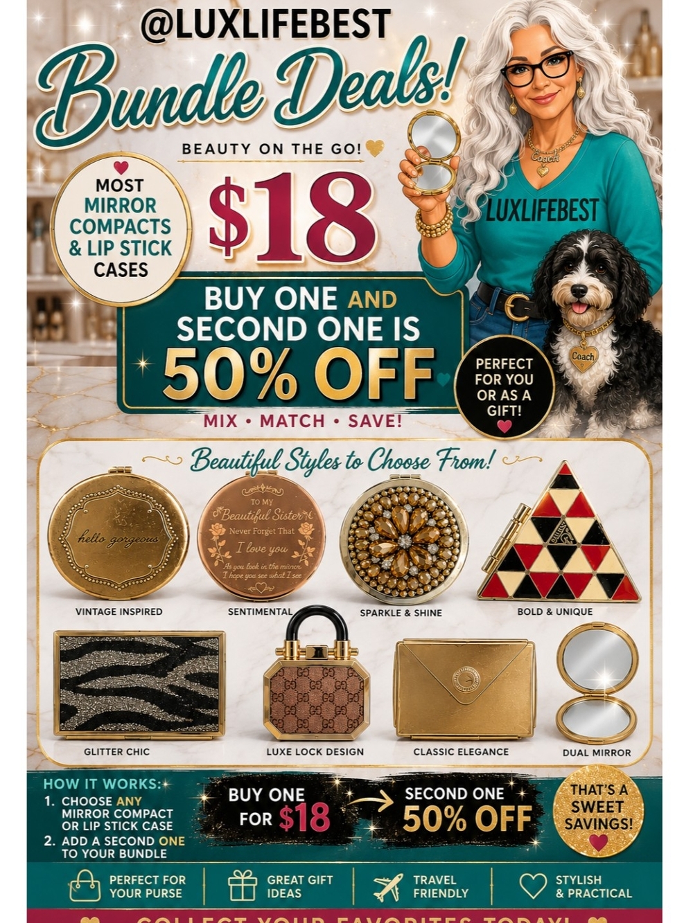 LUXLIFEBEST Bundle Mirror Compact & Lipstick Case Bundle - Teal Accent